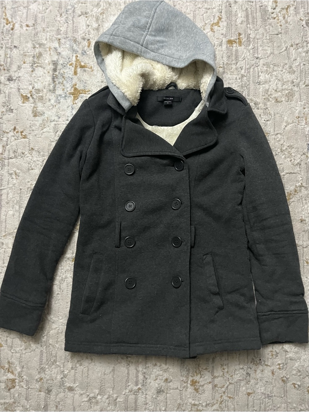Women's Charcoal Hooded Peacoat with Sherpa Lining